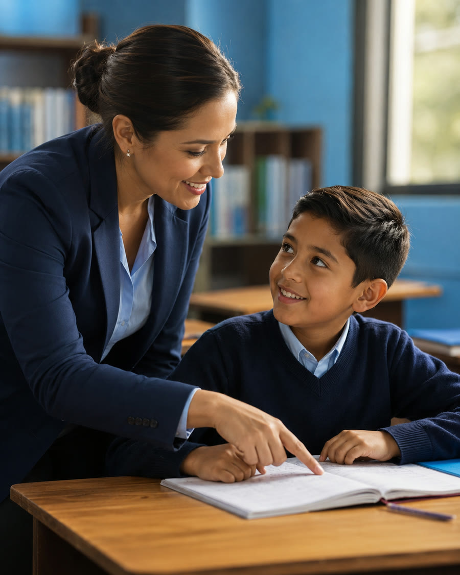 Maestra acompañando a un alumno en clase